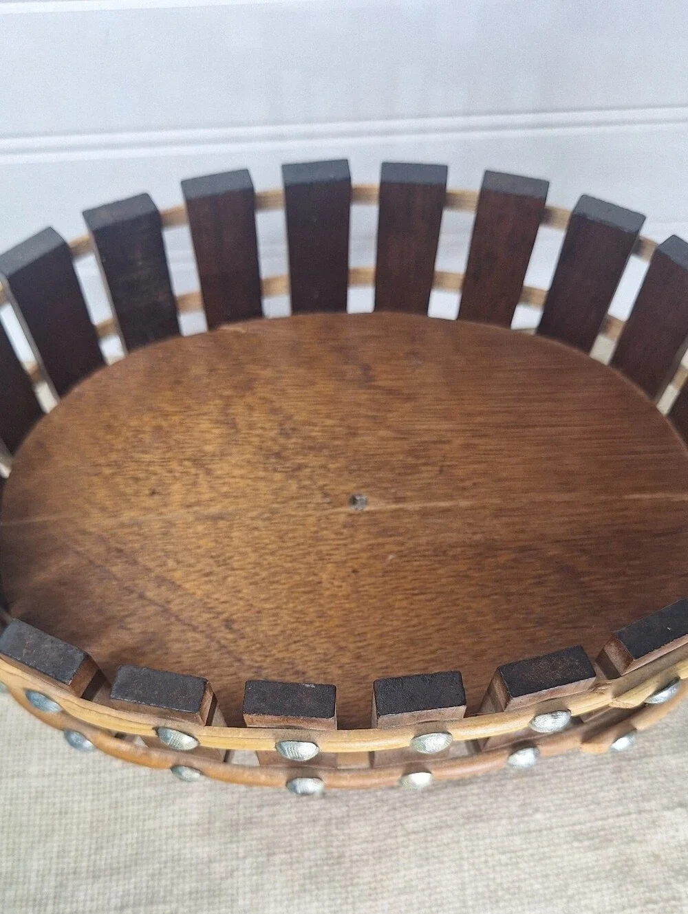 Vintage Slatted Wood Oval Nut And Fruit Pedestal Bowl, Mid Century